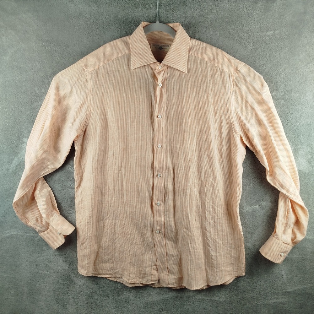 Luciano Barbera Italy 100% Linen White & Peach Striped Long Sleeve Men's Shirt L